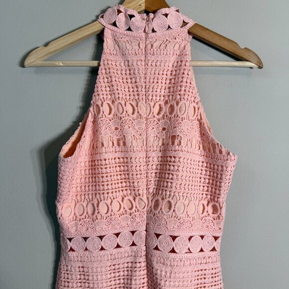 Two Sisters Crochet Overlay Midi Dress Women's 4 Pink Sheer High Neck Cocktail - Picture 10 of 14